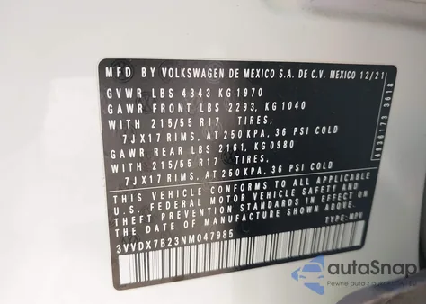 2022 Volkswagen Taos 1.5T S from USA, damaged, VIN 3VVDX7B23NM047985